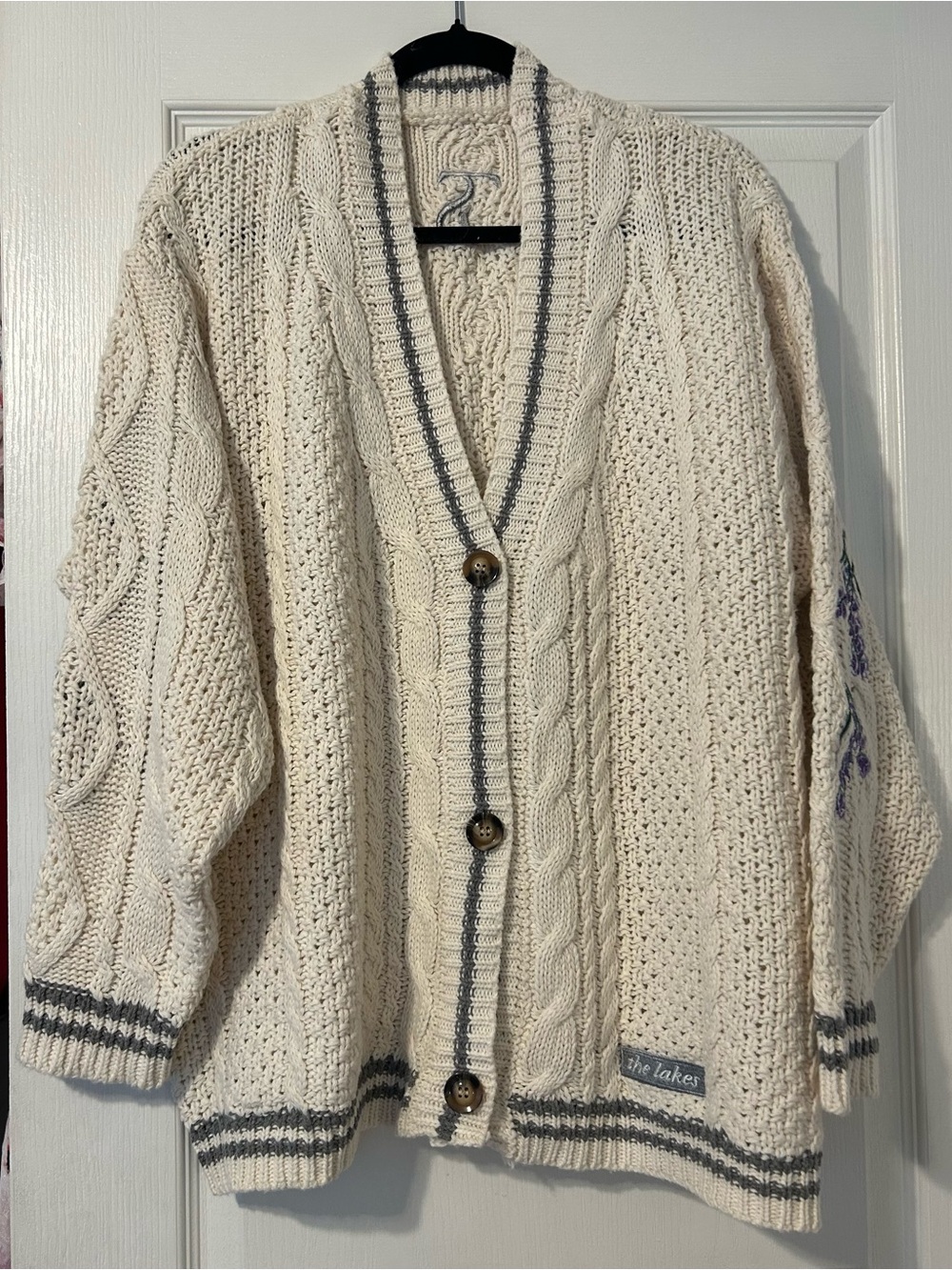Taylor Swift-Inspired The Lakes Cream Cable Knit Button Cardigan with Gray Trim